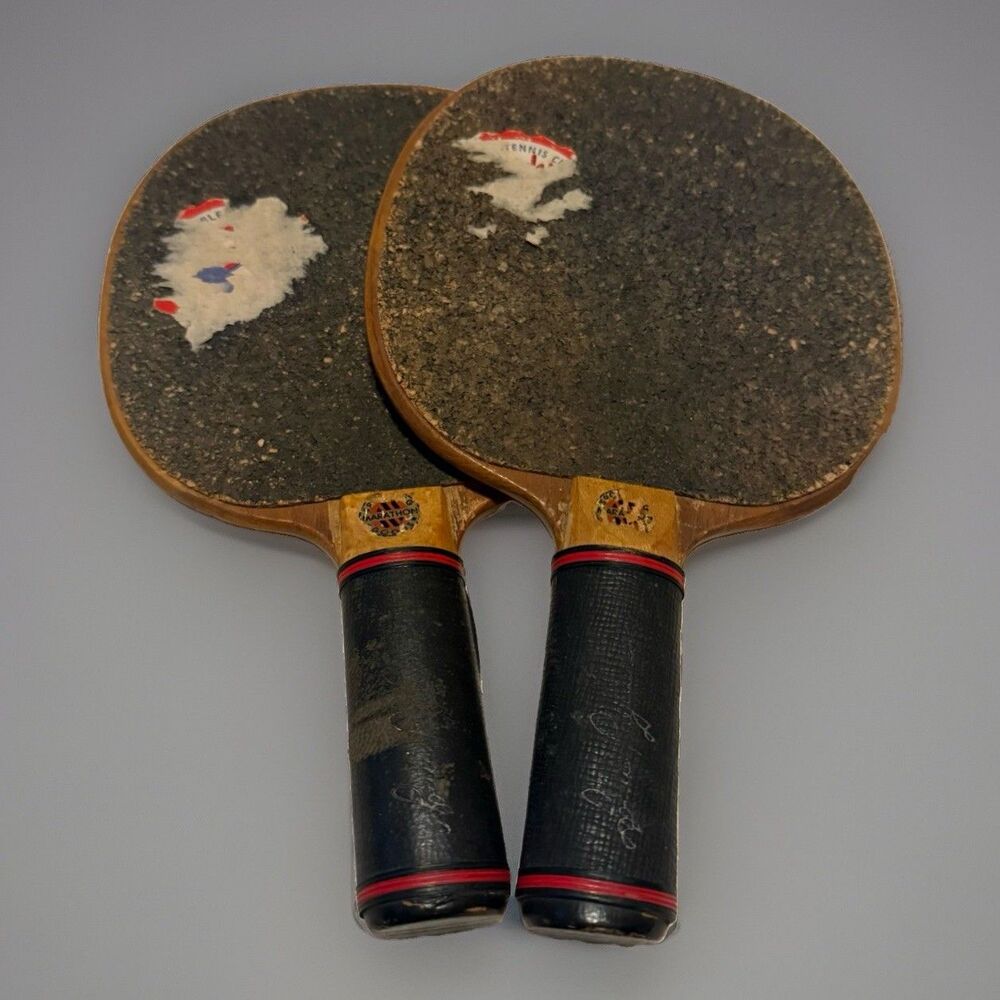 Vintage 1940 50s Marathon Louis Pagliora Tennis Table Ping Pong Paddle Set 2